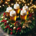 DALL·E 2023-12-25 10.00.10 - A Christmas wreath featuring beer glasses as candles. The wreath is lush and green, adorned with traditional Christmas decorations like red berries, p.png